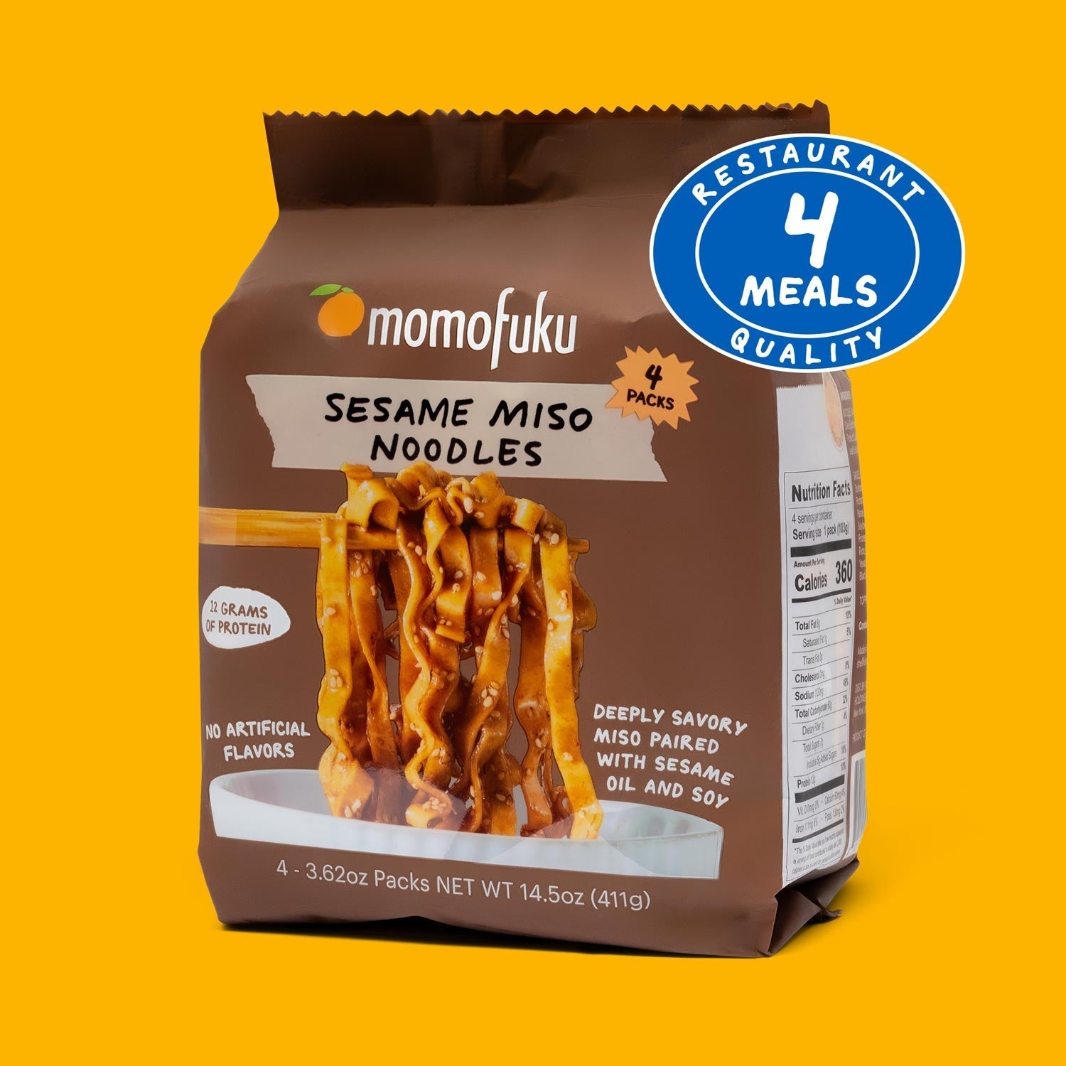 Momofuku Sesame Miso Noodles packaging on a yellow background with a '4 Meals Quality' badge.